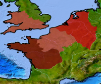 A map of three differently coloured lands spread across France, England, and the Benelux.