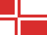 A red/white countercharged nordic cross on a background of the colour of the other charge in each quadrant.